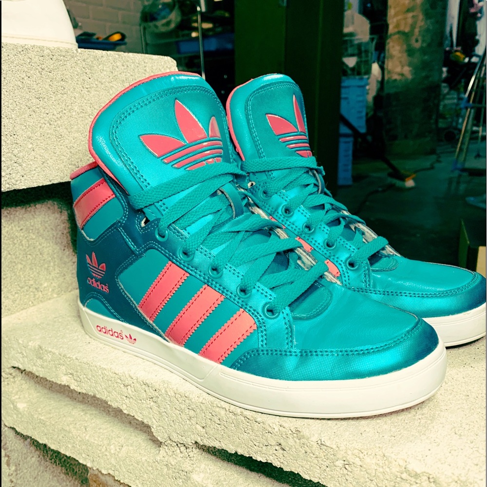 Adidas high tops teal & pink stripe
